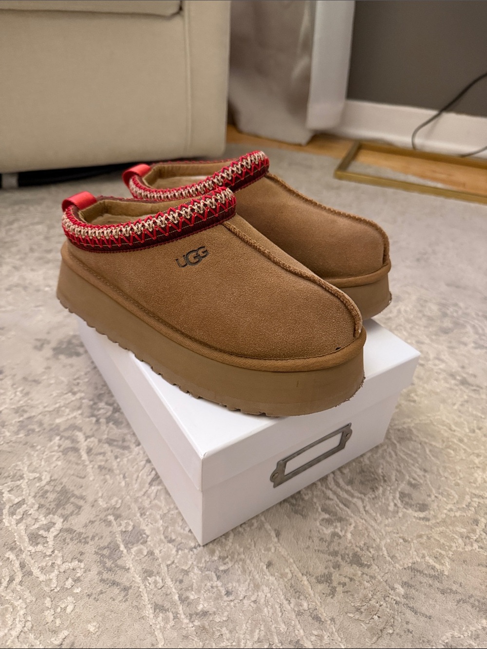 UGG Chestnut Suede Platform Mule with Red Trim